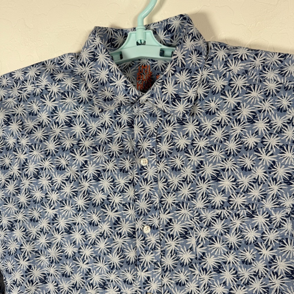 J Mclaughlin Shirt‎ Mens Medium Blue Linen Button Up Long Sleeve Floral Palm